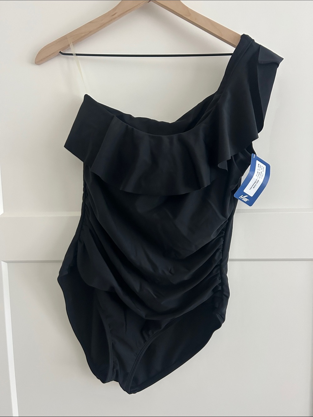 Hilor Black One Shoulder Ruffle Ruched Swimsuit Plus Size 16 NWT